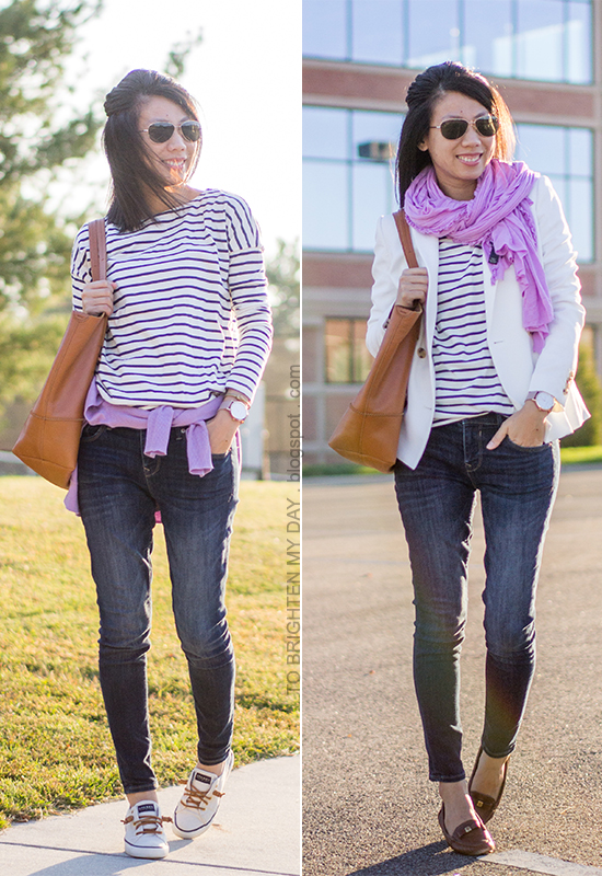 striped top, lilac and brown accessories