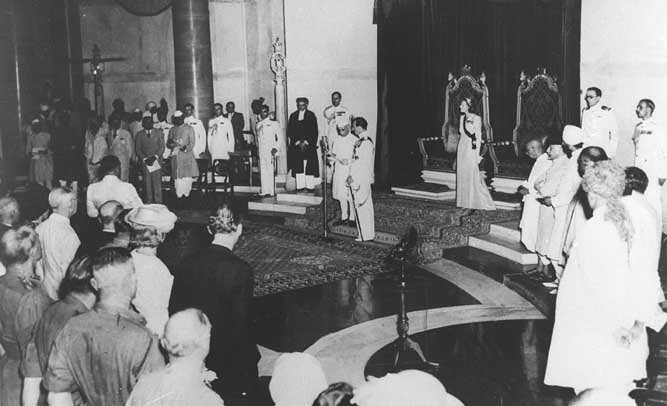 Lord Mountbatten swears in Pandit Jawaharlal Nehru as the first Prime Minister of free India