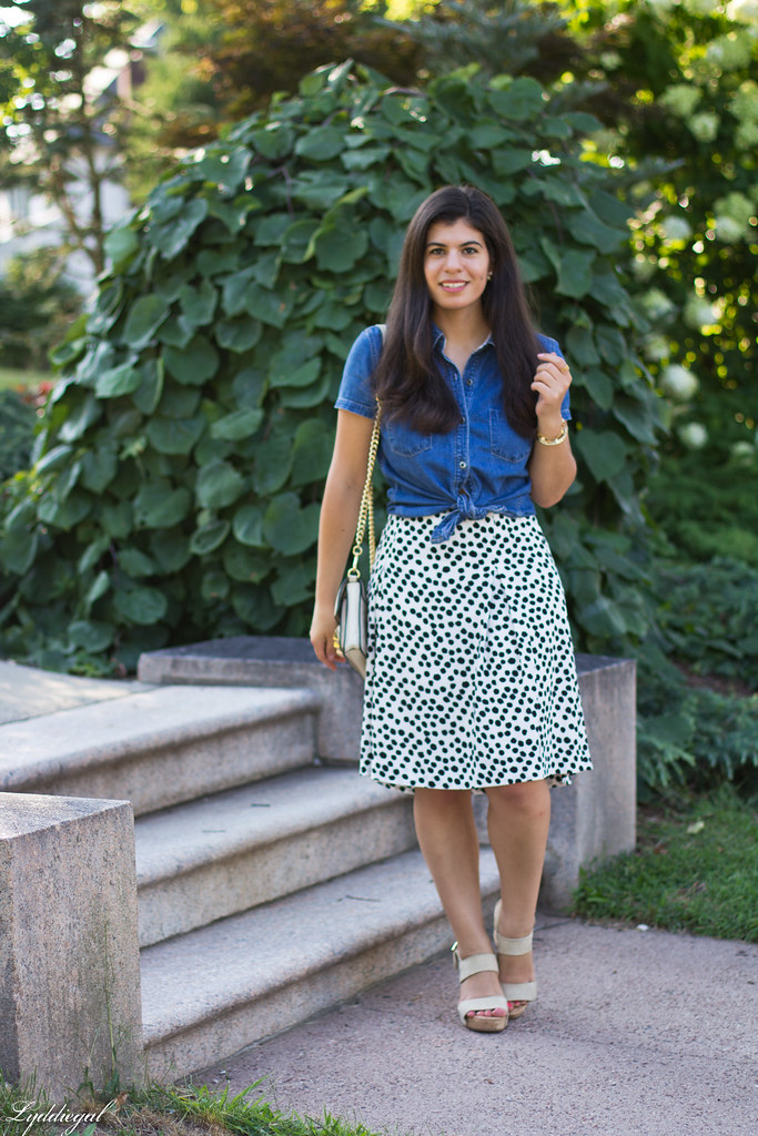 knotted chambray shirt, dalmatian print skirt, linea pelle bag-1.jpg