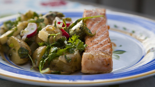 Barbequed salmon with green potato salad