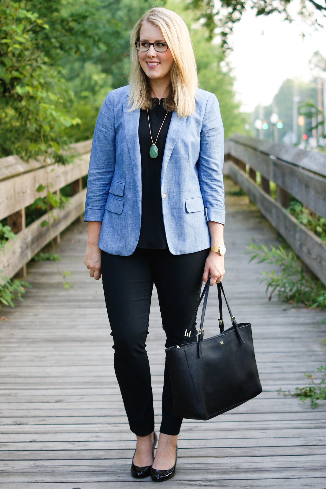 chambray blazer with black shell and pants