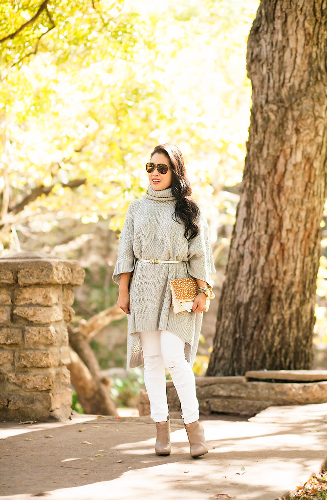 cute & little blog | petite fashion | gray knit belted poncho, white jeans, tan booties, clare v clutch | fall outfit