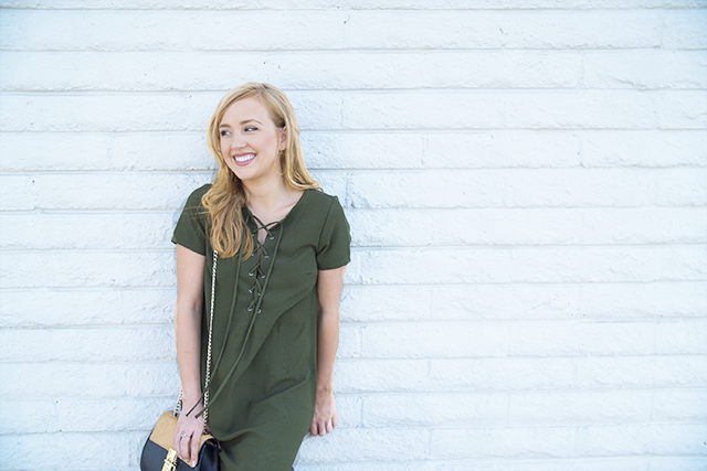 lace-up olive green shift dress