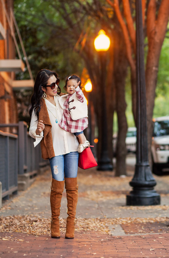cute & little blog | petite fashion | suede vest, white button down shirt, distressed jeans, suede otk boots, red purse | fall outfit