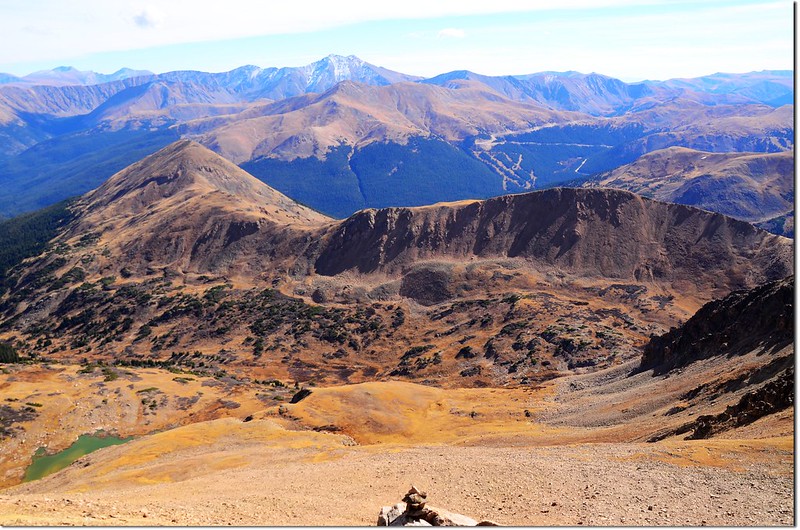 Looking down onto Mount Bethel from Pettingell's summit, Grays,Torreys and Mount Evans are in the distance 2