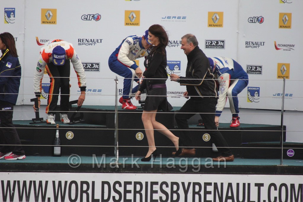 The champagne fight during podium Celebrations for Saturday's Formula Renault 2.0 Race 1 at Silverstone in WSR 2015
