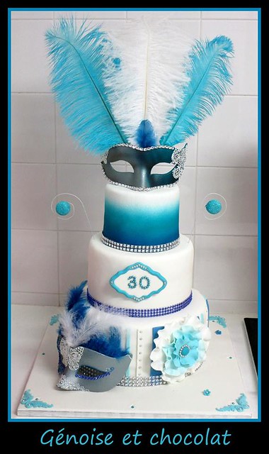 Blue, White, Silver Venetian Masked Ball Cake by Delphine Charles-Bernaud‎ of Génoise et chocolat