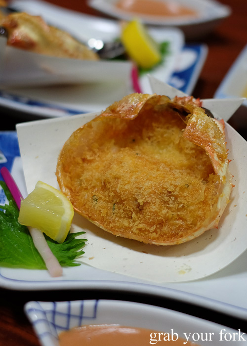 Fried king crab with shell at Kani Honke in Sapporo, Hokkaido