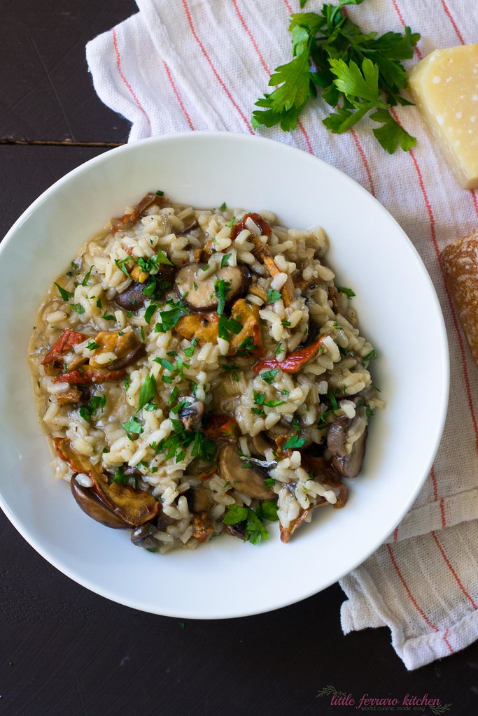Wild Mushroom Risotto flavored with red wine, fresh herbs and Parmesan cheese.