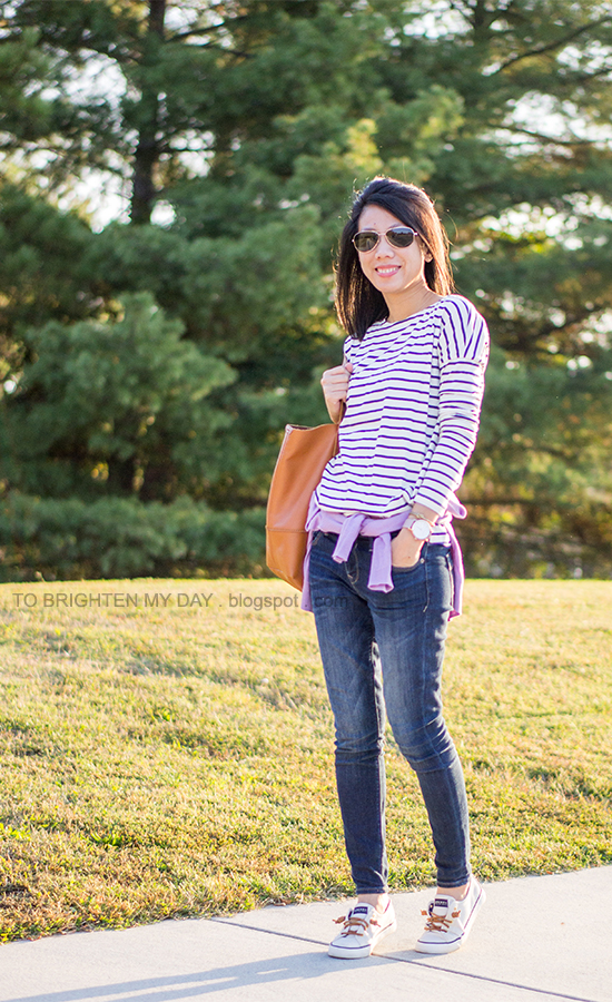 striped top, lilac sweater, cognac brown tote, canvas sneakers, oversized watch