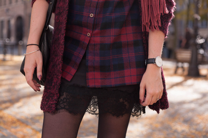 Outfit: burgundy plaid with lace slip skirt