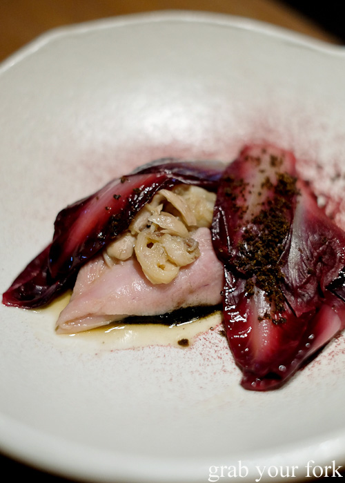 Confit quail leg and roasted quail breast beneah the red witlof at Automata, Chippendale