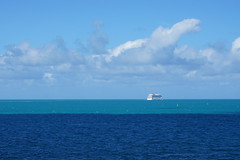 Different shades of blue as the cruise ship leaves