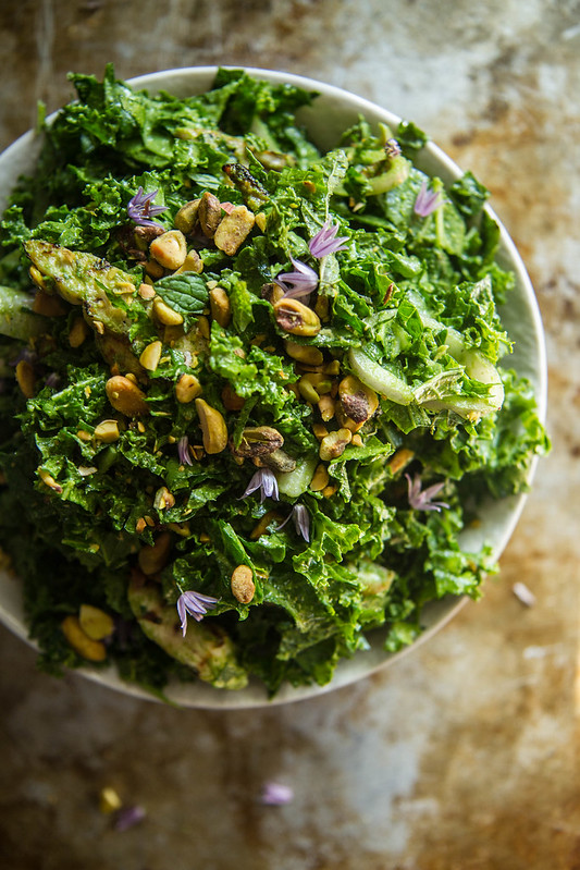 Parsley Pesto Kale and Mint Salad with Grilled Chicken and Pistachios