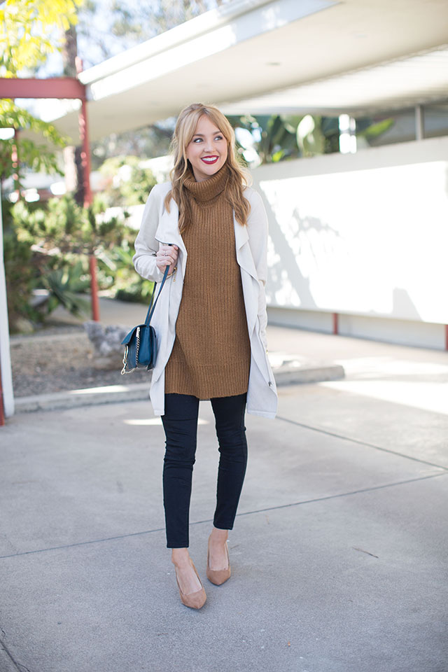 camel-and-black, camel-and-black-color-combo, hannah-hagler, champagne-lifestyle-blog, fashion, fashion-blogger, affordable-fashion, budget-friendly-fashion-blogs, affordable-fashion, diophy-handbags, chloe-drew-bag, sweater-vest, turtleneck-sweater-vest, waterfall-drape-jacket, asos, affordable-black-denim, forever-21-nude-pumps, pointy-toe-nude-pumps, maybelline-matte-rich-ruby, tory-burch-logo-earrings, middle-part-bangs