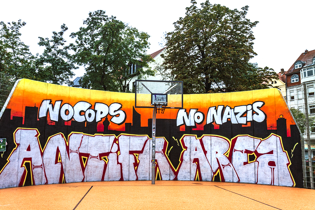 NO COPS NO NAZIS mural in Connewitz--Leipzig
