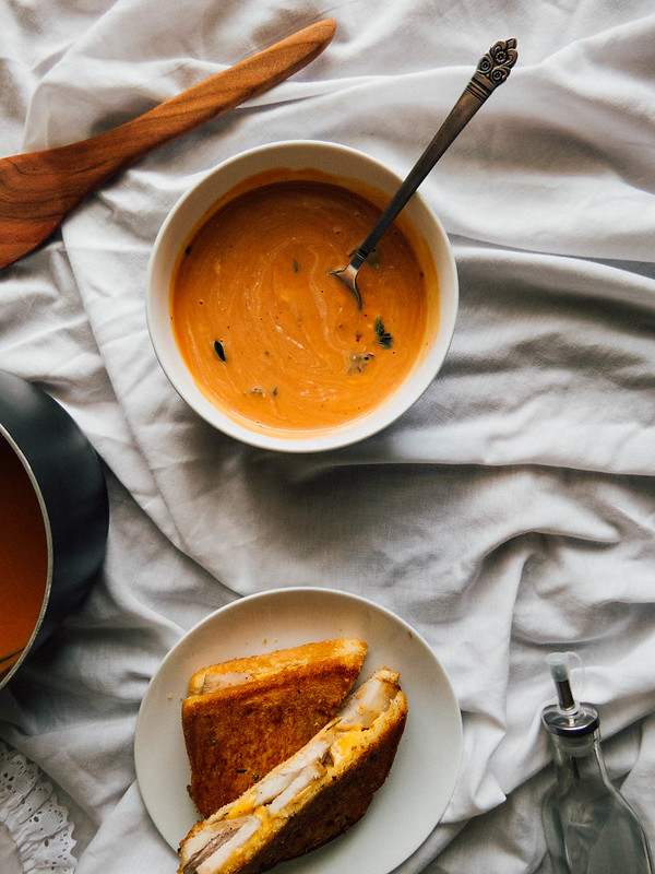 Roasted Tomato Soup with Pork Chop Grilled Cheese Sandwiches
